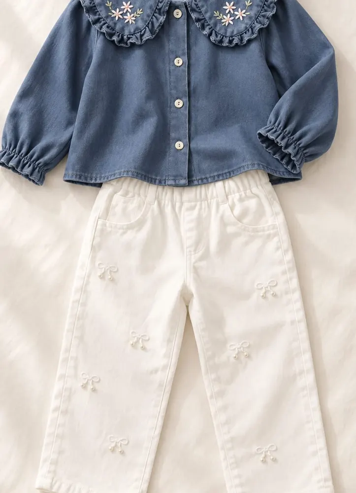 Camisa de denim con cuello bordado y pantalón blanco para niña