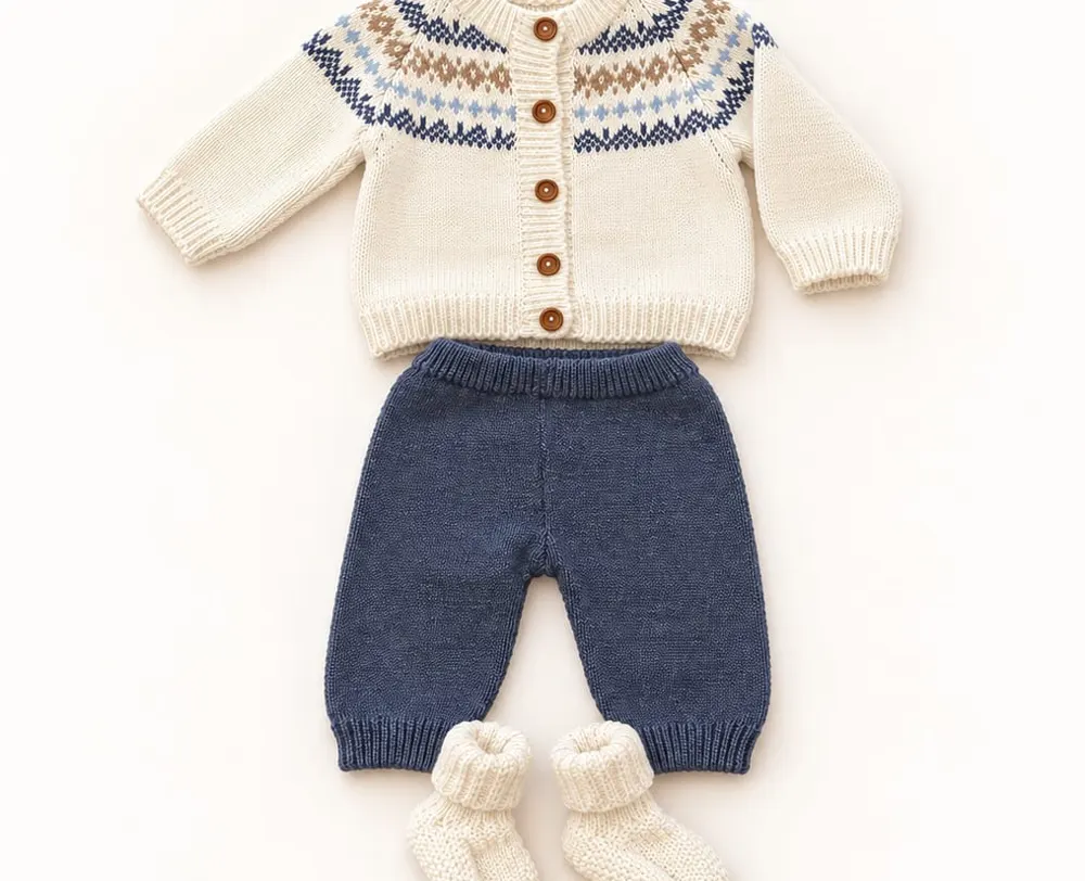 Cárdigan tejido con guarda y pantalón azul con escarpines